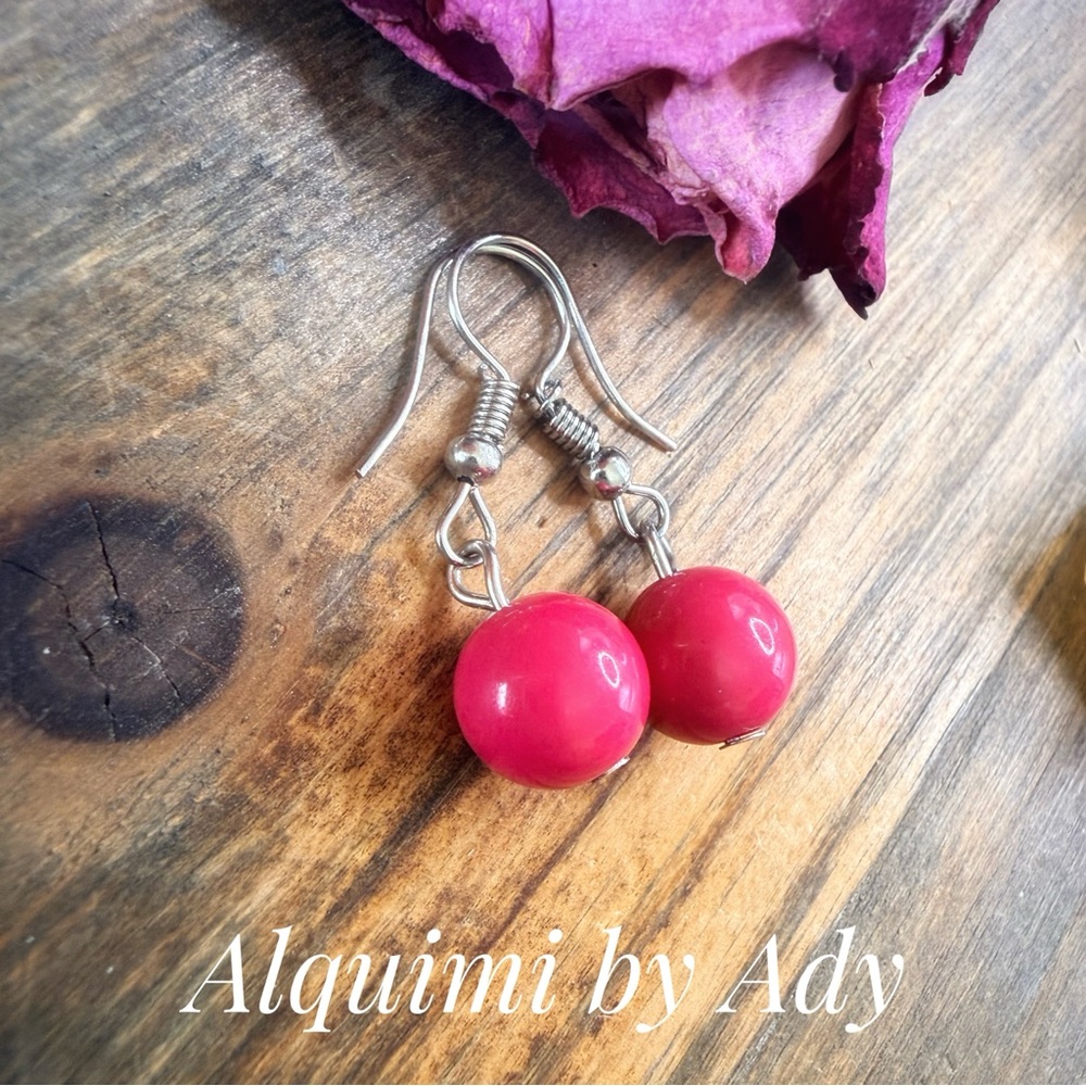 SIMPLE Drop Earrings with HOT PINK CERAMIC SPHERES